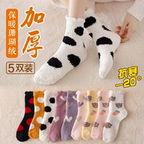 Coral Suede Socks Children Autumn Winter Plus Suede Thickened Warm Medium Cylinder Socks Cute Plush Floor Sleep Home Moon Socks