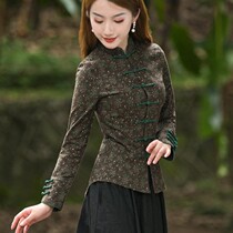 Elegant qipao Chinese style Tang dress blouse cardiovert cotton numb retro long sleeve art tea man to serve ancient Chinese wind and womens clothing