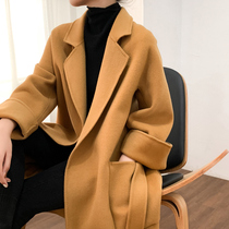 21-year spring and autumn new double-sided cashmere coat womens long high-end loose 100% pure wool lace-up jacket