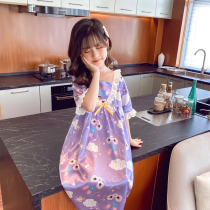 Childrens nightskirts Girls Girls cute silk princess style Ice Silk short-sleeved pajamas silk summer thin womens summer