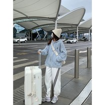 Striped webbing sports casual pants womens 2021 Winter new Korean loose velvet wide leg long pants