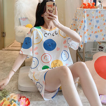 Pajamas womens summer pure cotton short-sleeved net red burst 2021 new summer cute smiley ins wind two-piece set