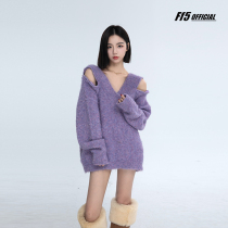 FF5 Purple Ring Yarn Sweater Women's Winter Loose Big V-Neck Premium Sense Zipper Leaky Shoulder Pullover Knitted Shirt Top