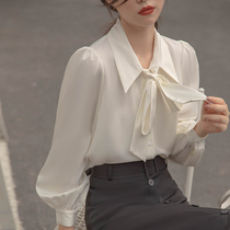 Lantern sleeve temperament autumn bow shirt white chiffon shirt women long sleeve lace design sense professional top