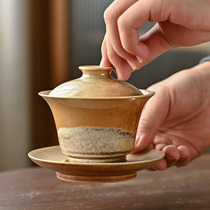 Jingdezhen handmade high temperature raw ore glaze Jinguang kiln becomes horseshoe-shaped three-cai cover bowl open piece can raise large tea bowl