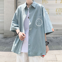 The handsome shirt men's summer short sleeve trend Joker casual shirt five-point sleeve Hong Kong wind dk uniform coat ins tide