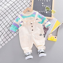 Boys spring clothes 2021 new suit mens baby clothes childrens foreign style 1 denim backpack pants two-piece set 2 years old