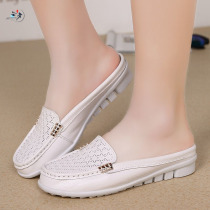 Half pack slippers female leather hollow half-drag flat bottom breathable Bean shoes large size non-slip soft mother shoes womens single shoes