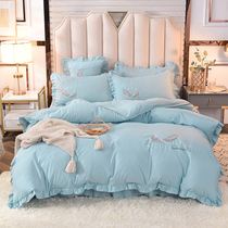 Princess style pure color girl heart quilt cover bed cover bed quilt four-piece cotton cotton bed skirt Korean embroidery
