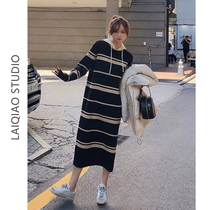 Pregnant women autumn hooded stripes loose fat MM plus size knitted knee pregnant woman small dress winter dress