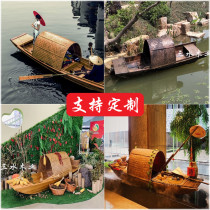 Wooden boat fishing boat solid wood antique landscape decoration black boat Flower Boat Park scenic spot hand rowing boat props catering boat