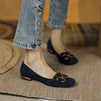 ITSK single shoe woman retro genuine leather horse title buckle square head light mouth flat bottom woman shoes soft bottom bean-bean shoes