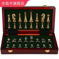 Chess fun gift box set solid wood folding board metal chess pieces chess retro European ornaments