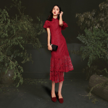  Toast dress cheongsam burgundy summer style Chinese style bride wedding back door small dress female fishtail dress