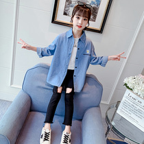 Girls denim shirt Summer thin long-sleeved childrens Korean version of the top Girls thin coat big childrens shirt Foreign style woman