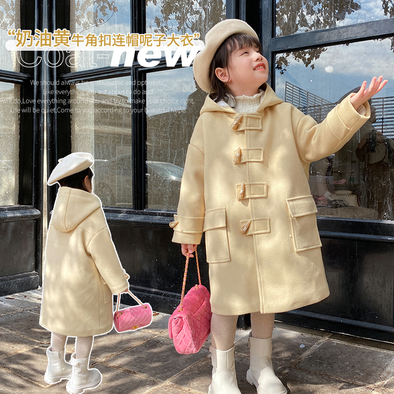 女の子のミドル丈ウールコートキルティング韓国スタイル冬服2023新しいスタイル外国スタイル子供フード付きウールコート