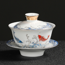 Blue and white porcelain kung fu tea bowl ceramic anti-scalding bubble cup retro tea handmade tea set three talents cover bowl tea cup single