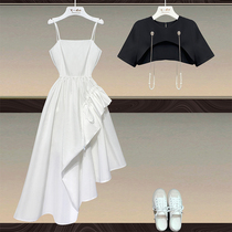Socialite Xiaoxiang style high-end summer suit skirt fried street age-reducing Western style suspender dress two-piece womens summer