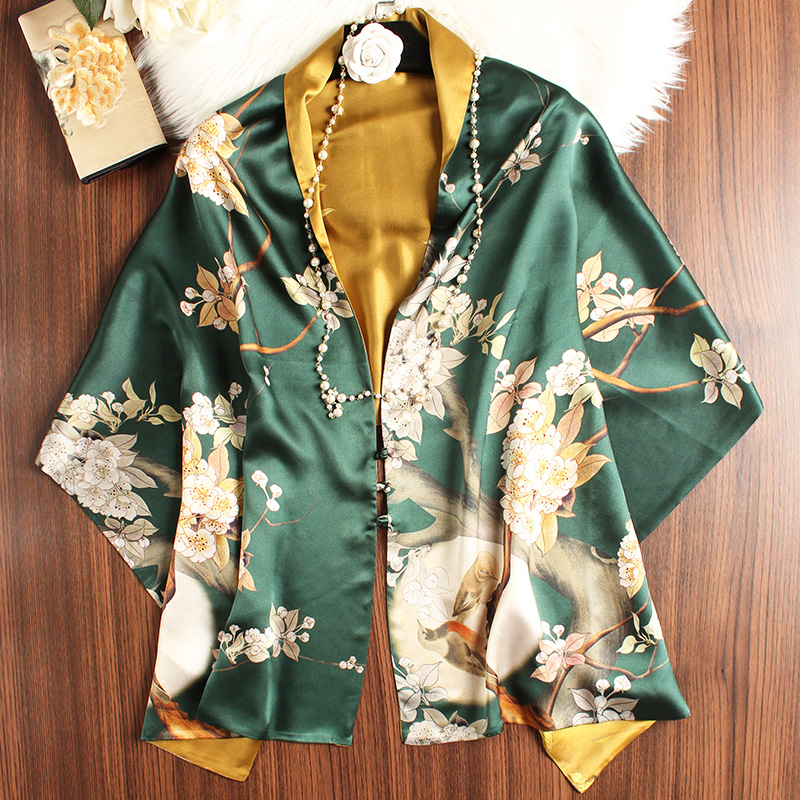 Autumn and winter silk shawl buckle scarf double-sided double-layered silk with cheongsam outside the ink green cloak