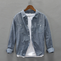 Autumn new mens long-sleeved denim shirt Japanese trend square collar top clothes loose casual cotton shirt trend