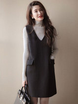 sandro bassa Hepburn Style Black Nest Dress Women Autumn Joker Skirt High Collar base skirt Two-Piece Set