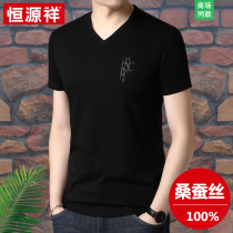 Hengyuanxiang 2021 summer new mulberry silk short-sleeved t-shirt mens V-neck ice silk t-shirt high-end thin top men