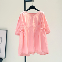 Korean pink V-neck drawstring cotton and hemp doll shirt womens 2021 summer new shirt Korean loose casual shirt