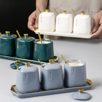 Ceramic seasoning can spoon lid integrated set household seasoning jar combination Nordic kitchen seasoning storage box