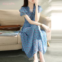  LO GULEYA silk dress female MULBERRY silk young sweet temperament fungus streamer collar printed long skirt