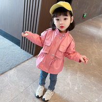 Girls drawstring waist windbreaker spring and autumn dress children Korean version of Joker long coat baby jacket tide