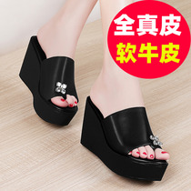 2022 new summer outside wearing 100 lap thick bottom sandals female summer clip toe fashion herringbone slippers female real leather slopes heel