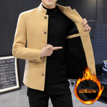 Woolen coat short small 155 small Chinese tunic suit small size mens casual S slim wool velvet plus velvet top