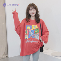 Pregnancy color pregnant woman spring autumn round collar blouses color trend printing medium long pure cotton long sleeve loose sleeve head sweater