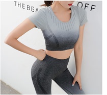 European and American yoga clothes sports two suits womens summer running hanging and dyeing short sleeve speed dry elastic 90% pants fitness suit