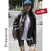  Painting style drawwind leather jacket female spring and autumn bf style pu leather jacket female short suit collar loose motorcycle suit