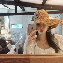 Straw hat women ins sun hat large along foldable hollowed-out sun hat out for a beach hat butterfly knot casual cool hat