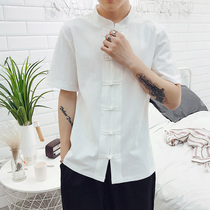 Chinese Tang clothing Hanfu Chinese style mens clothing Lay Shi Pan buckle linen shirt Summer national clothing youth short-sleeved top