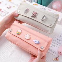 Chuangyi new pencil bag female Man simple solid color large capacity stationery bag children junior high school students cute salt series art brooch canvas pen bag Japanese ins trend pencil case