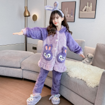 Childrens pajamas autumn and winter girl coral velvet home dress star Delu thickens flannel warming suit
