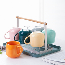 Nordic color water cup set household tea cup creative ceramic cup large capacity ceramic cup drinking water set with Holder