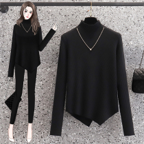 Large size womens 2021 autumn and winter New thin loose sweater base shirt fat sister irregular belly coat top