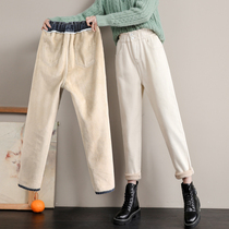 White plus velvet jeans womens autumn and winter 2021 new high-waisted lamb velvet pants women