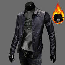 Leather clothing mens Tide brand Korean version of the trend plus velvet padded locomotive clothing lapel leather jacket coat mens slim spring and winter
