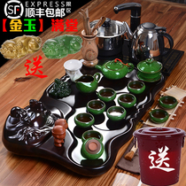 Porcelain rhyme Oriental Kung Fu tea set Household living room set of simple solid wood tea tray with electromagnetic stove integrated tea table