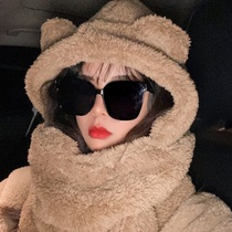 Bear hat scarf one female autumn and winter Joker New 2021 explosive cute plush warm three-piece set