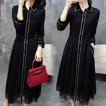  Large size 2021 autumn new womens western style fashion lace black thin skirt light luxury socialite temperament dress