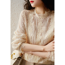XUSER autumn 2021 new embroidered hollow temperament lace stand-up collar Western style age-reducing fashion small shirt