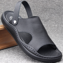 Sandals mens car driving genuine leather casual cool slippers Dual-purpose exterior wearing soft bottom beach shoes Dad cool leather shoes mens summer