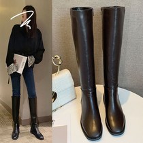  Retro square head thick heel mid-heel Western cowboy boots female knee-high white skinny mid-tube high-tube knight boots