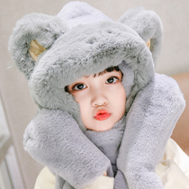 Childrens hat winter scarf one plus velvet warm cute boy and girl ear protection three-piece baby bear hat